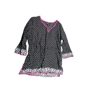 KUT From The Kloth Tunic Top Womens Large Black White Print Pink Trim Boho